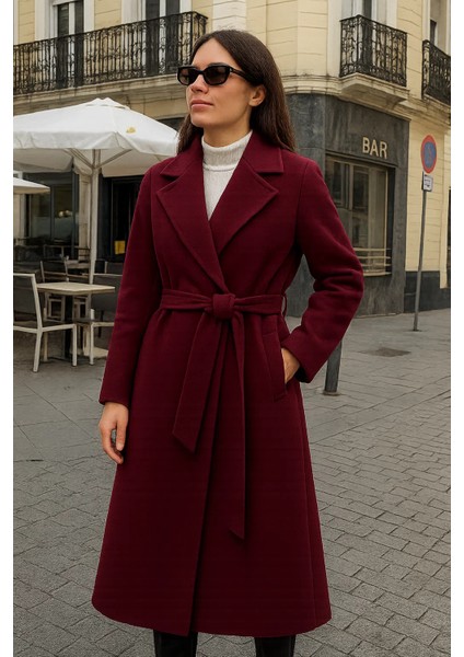 Kadın Comfort Kruvaze Trend Bordo Uzun Kaşe Kaban