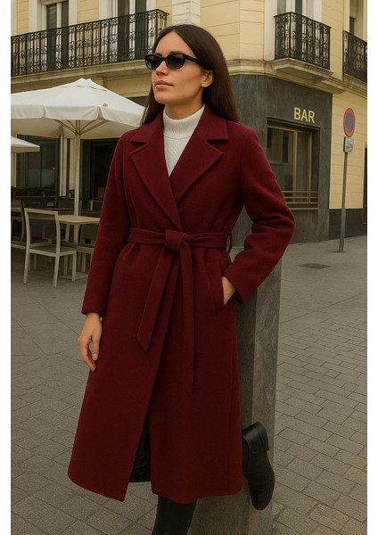 Kadın Comfort Kruvaze Trend Bordo Uzun Kaşe Kaban modelleri