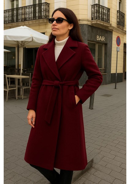 Kadın Comfort Kruvaze Trend Bordo Uzun Kaşe Kaban fırsatları