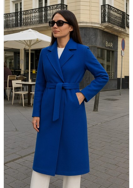 Kadın Comfort Kruvaze Trend Mavi Uzun Kaşe Kaban