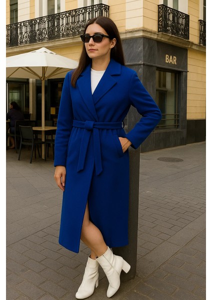 Kadın Comfort Kruvaze Trend Mavi Uzun Kaşe Kaban modelleri