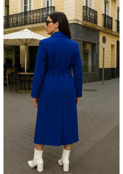 Kadın Comfort Kruvaze Trend Mavi Uzun Kaşe Kaban