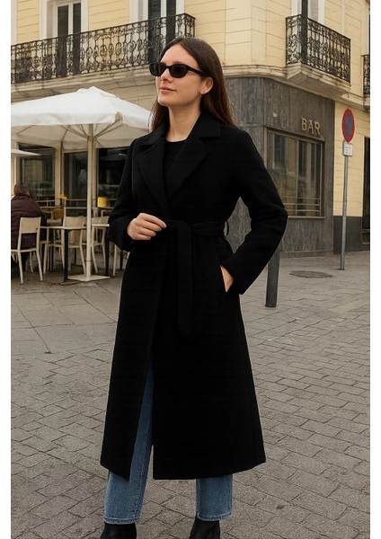 Kadın Comfort Kruvaze Trend Siyah Uzun Kaşe Kaban