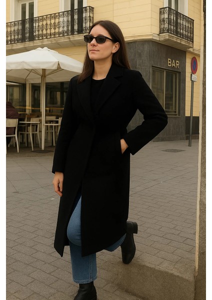 Kadın Comfort Kruvaze Trend Siyah Uzun Kaşe Kaban modelleri