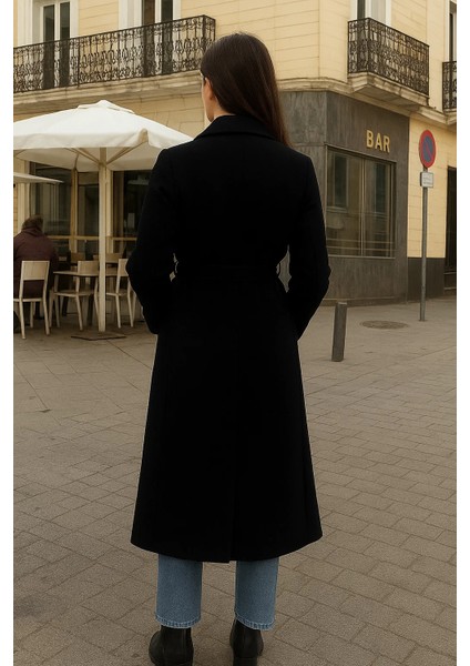 Kadın Comfort Kruvaze Trend Siyah Uzun Kaşe Kaban