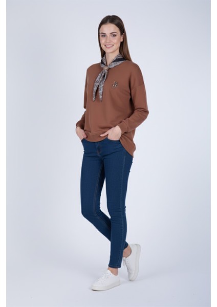 Fular Aksesuarlı Bambi Nakışlı Oversize Sweatshirt