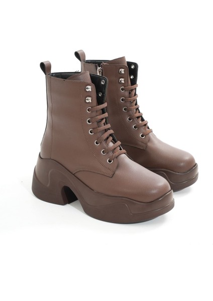 ZRİN-2550 Kahverengi Kalın Tabanlı Bağcıklı Fermuarlı Kışlık Premium Kadın Bot