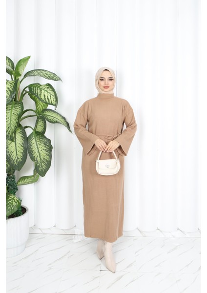 Ispanyol Fitilli Kemerli Triko Elbise