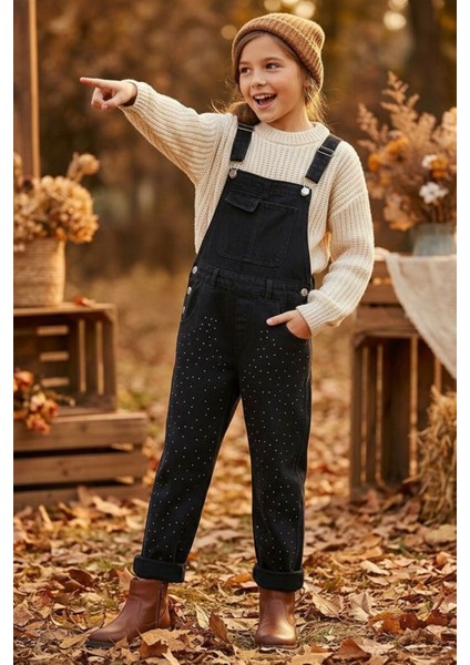 Taş Detaylı Kot Kız Çocuk Salopet - Siyah
