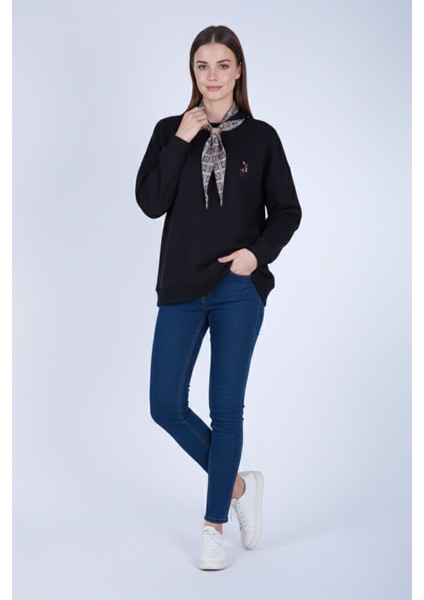 Fular Aksesuarlı Bambi Nakışlı Oversize Sweatshirt
