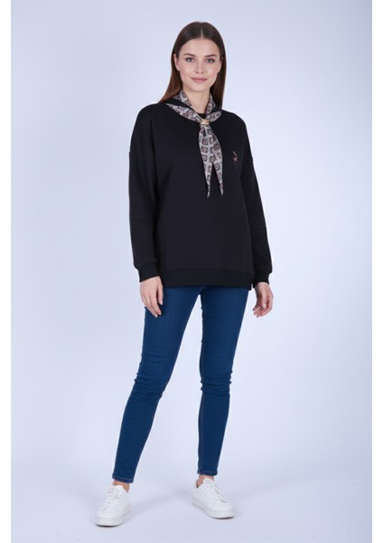 Fular Aksesuarlı Bambi Nakışlı Oversize Sweatshirt modelleri