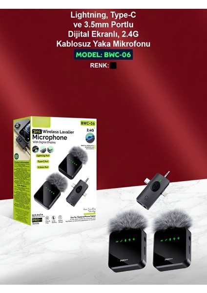 Lightining Type-C 3.5mm Uyumlu Dijital Ekranlı 2.4g Kablosuz Çift Yaka Mikrofonu Pro++ indirimleri