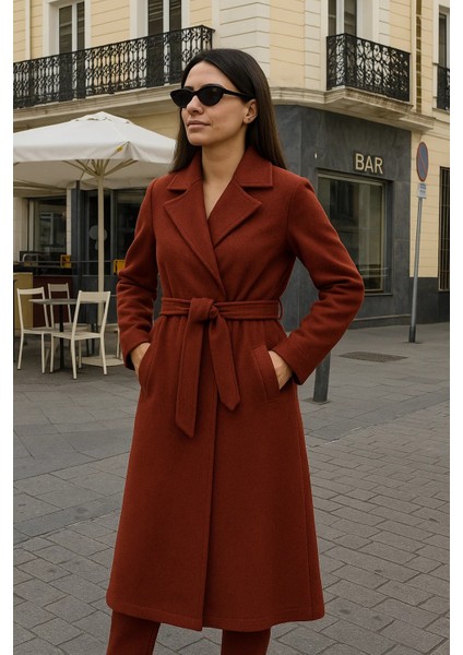 Kadın Comfort Kruvaze Trend Kiremit Uzun Kaşe Kaban