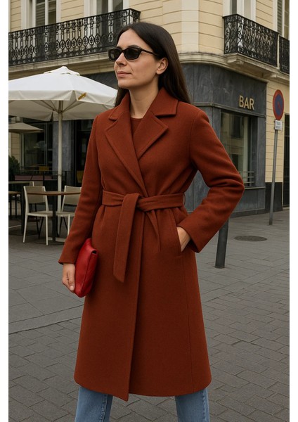 Kadın Comfort Kruvaze Trend Kiremit Uzun Kaşe Kaban fiyatları