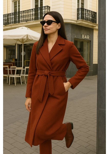 Kadın Comfort Kruvaze Trend Kiremit Uzun Kaşe Kaban modelleri