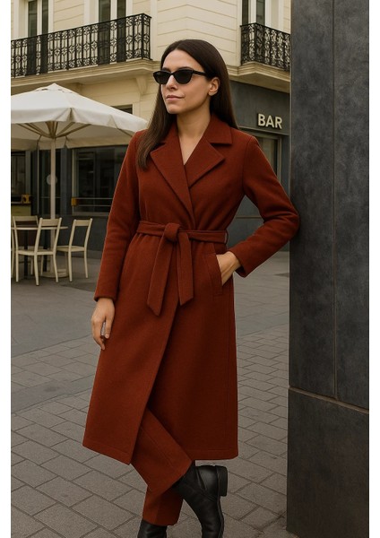 Kadın Comfort Kruvaze Trend Kiremit Uzun Kaşe Kaban fırsatları