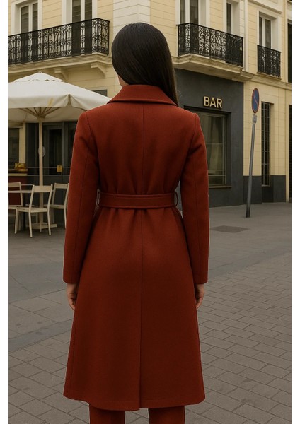 Kadın Comfort Kruvaze Trend Kiremit Uzun Kaşe Kaban indirimleri