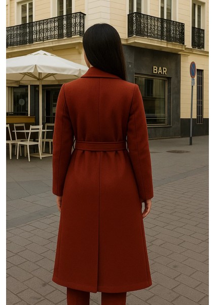 Kadın Comfort Kruvaze Trend Kiremit Uzun Kaşe Kaban