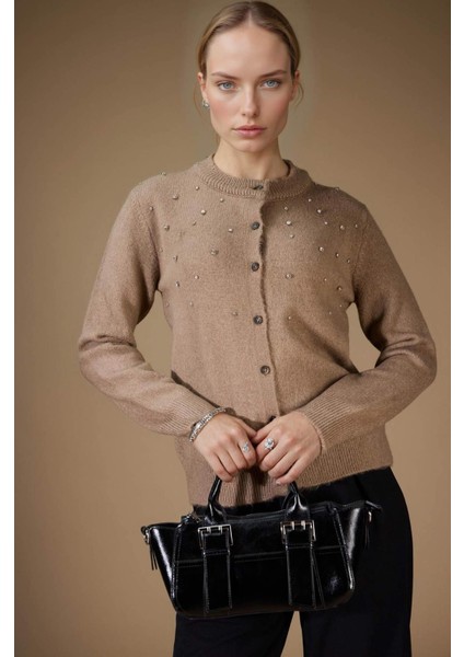 Regular Fit Bisiklet Yaka Düğmeli Taşlı Triko Hırka E9149AX25WN