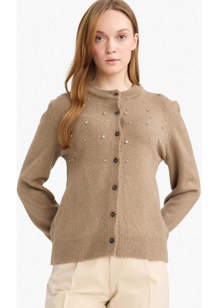 Regular Fit Bisiklet Yaka Düğmeli Taşlı Triko Hırka E9149AX25WN fiyatları