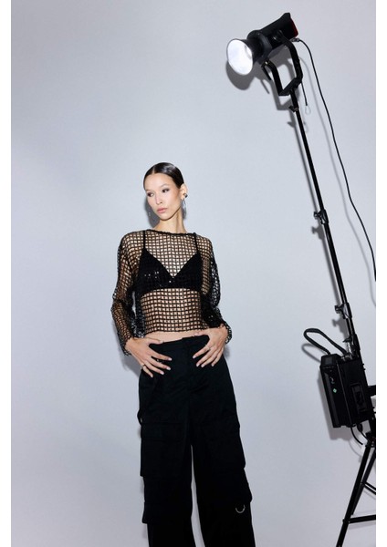 Overshirt Fit Bisiklet Yaka Payetli Kumaş Uzun Kollu Bluz G4444AX25AU