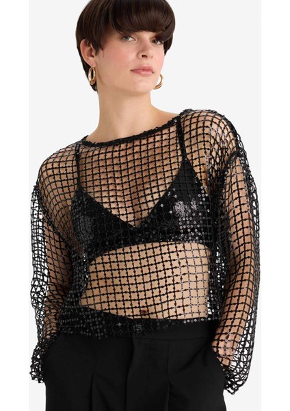 Overshirt Fit Bisiklet Yaka Payetli Kumaş Uzun Kollu Bluz G4444AX25AU modelleri