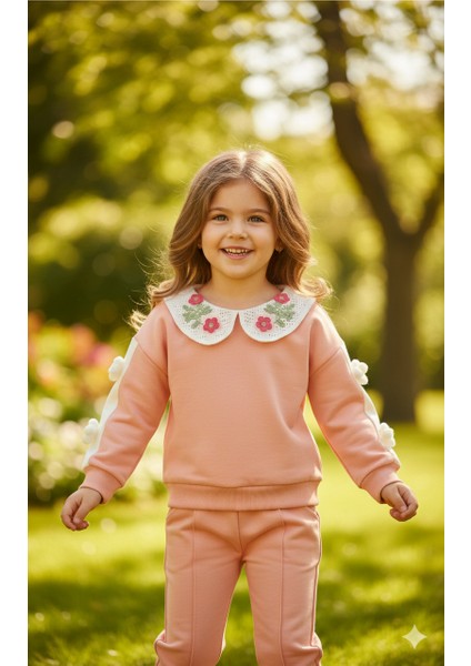 Kolları Örgü Papatya Detaylı Örme Yaka Kız Çocuk Takım