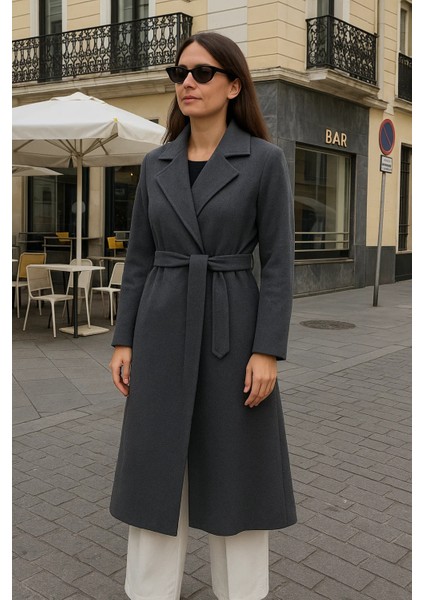 Kadın Comfort Kruvaze Trend Füme Uzun Kaşe Kaban