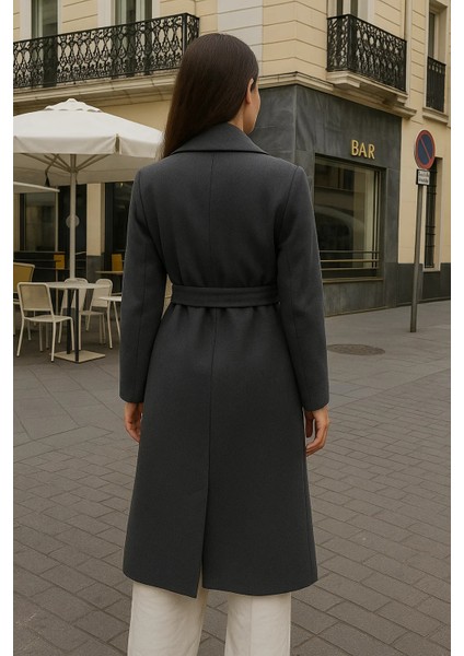 Kadın Comfort Kruvaze Trend Füme Uzun Kaşe Kaban