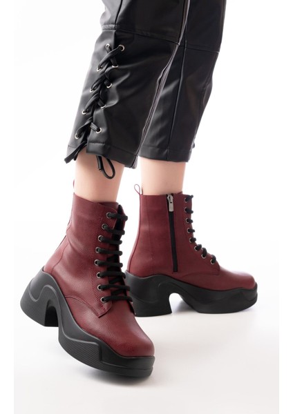 ZRİN-2550 Bordo Kalın Tabanlı Bağcıklı Fermuarlı Kışlık Premium Kadın Bot modelleri