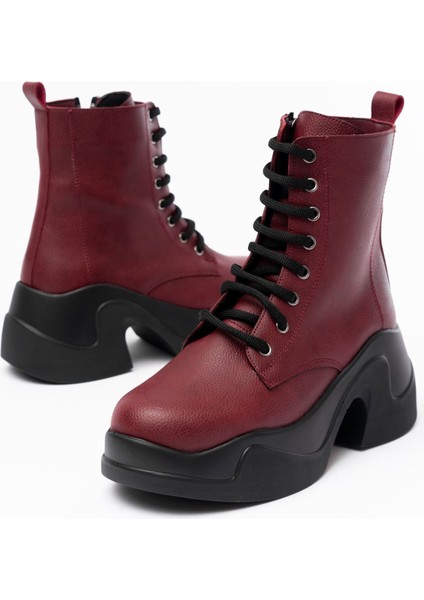 ZRİN-2550 Bordo Kalın Tabanlı Bağcıklı Fermuarlı Kışlık Premium Kadın Bot fırsatları