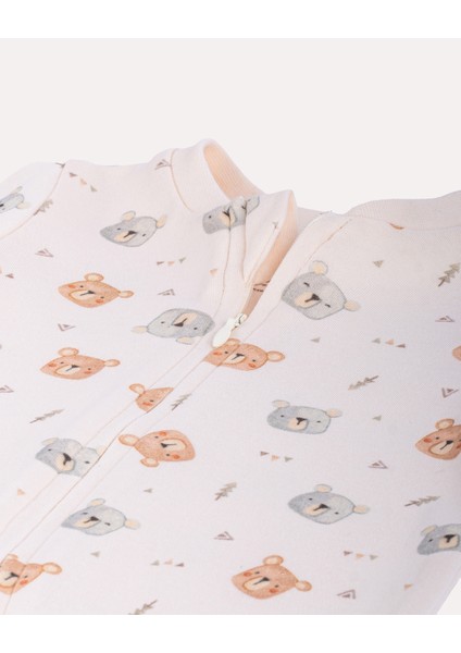 %100 Organik Pamuk Gots Sertifikalı Fermuarlı Teddy Bebek Tulum - Ekru/ayıcık Desenli fırsatları