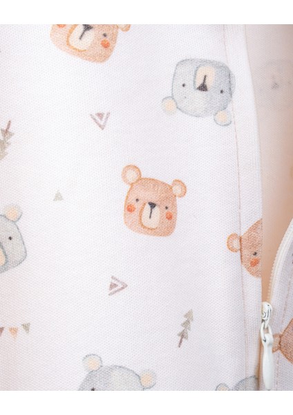 %100 Organik Pamuk Gots Sertifikalı Fermuarlı Teddy Bebek Tulum - Ekru/ayıcık Desenli