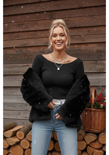 Merry See Kayık Yaka Örme Uzun Kollu Crop Top Bluz Siyah fırsatları