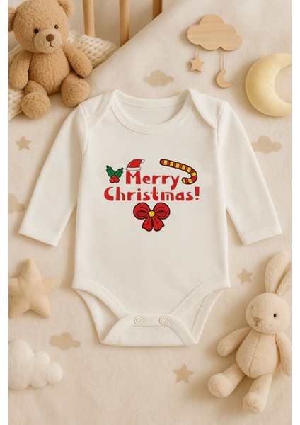 2026 Yeni Yıl Yılbaşı Noel Baskılı Pamuklu Uzun Kollu Çıtçıtlı Bebek Ekru Body Zıbın Atlet Tulum