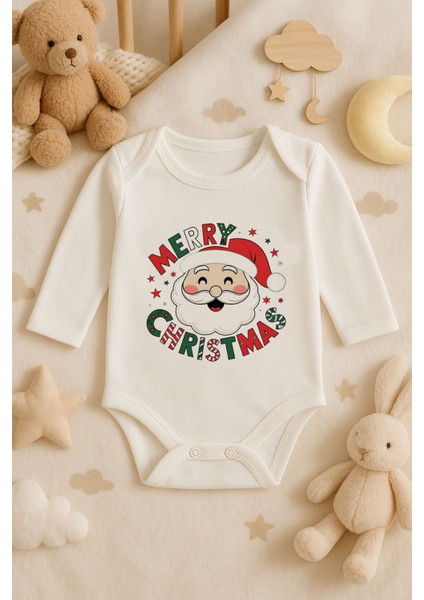 2026 Yeni Yıl Yılbaşı Noel Baskılı Pamuklu Uzun Kollu Çıtçıtlı Bebek Ekru Body Zıbın Atlet Tulum