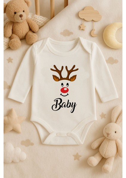 2026 Yeni Yıl Yılbaşı Noel Baskılı Pamuklu Uzun Kollu Çıtçıtlı Bebek Ekru Body Zıbın Atlet Tulum