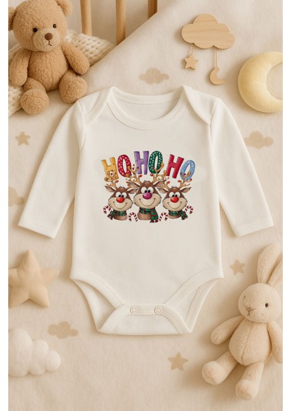 2026 Yeni Yıl Yılbaşı Noel Baskılı Pamuklu Uzun Kollu Çıtçıtlı Bebek Ekru Body Zıbın Atlet Tulum