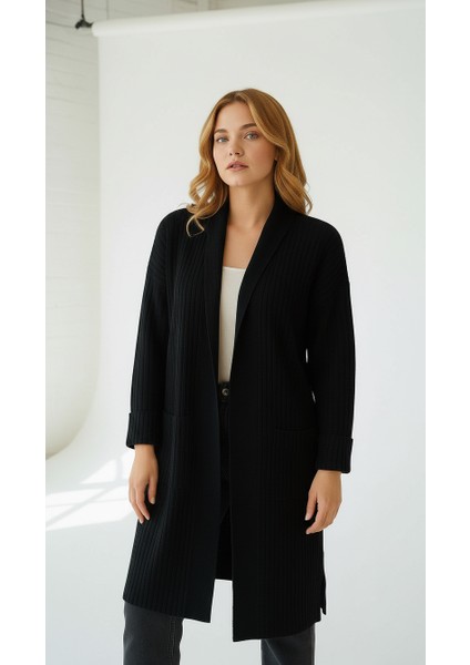 Kadın Şal Yaka Oversize Uzun Triko Hırka