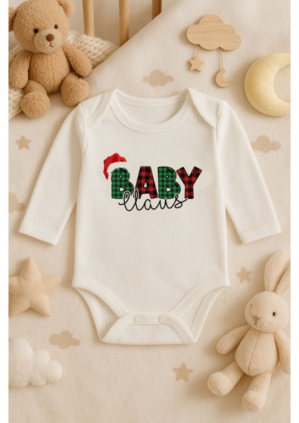 2026 Yeni Yıl Yılbaşı Noel Baskılı Pamuklu Uzun Kollu Çıtçıtlı Bebek Ekru Body Zıbın Atlet Tulum
