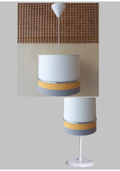 Beyaz Gri Sarı M-796 Kumaş Kaplama 2.li Set Yatak Odası Genç ve Çocuk Odası Avize ve Abajur Seti