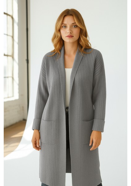 Kadın Şal Yaka Oversize Uzun Triko Hırka