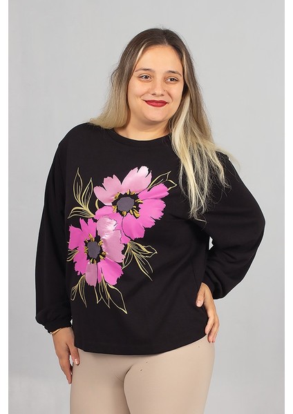 Bisiklet Yaka Siyah Çiçek Baskılı 2 Iplik Şardonlu Penye Sweatshirt fiyatları