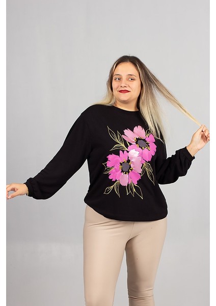 Bisiklet Yaka Siyah Çiçek Baskılı 2 Iplik Şardonlu Penye Sweatshirt fırsatları