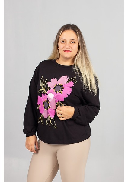 Bisiklet Yaka Siyah Çiçek Baskılı 2 Iplik Şardonlu Penye Sweatshirt indirimleri