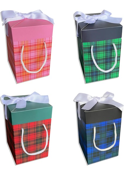 , Ekose desenli Yılbaşı Hediye Kutusu 4lü Set 9X9X15 cm Özel Tasarım Hediye Kutusu