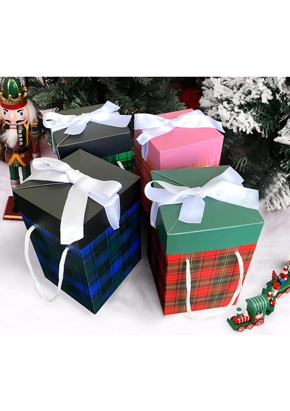, Ekose desenli Yılbaşı Hediye Kutusu 4lü Set 9X9X15 cm Özel Tasarım Hediye Kutusu indirimleri