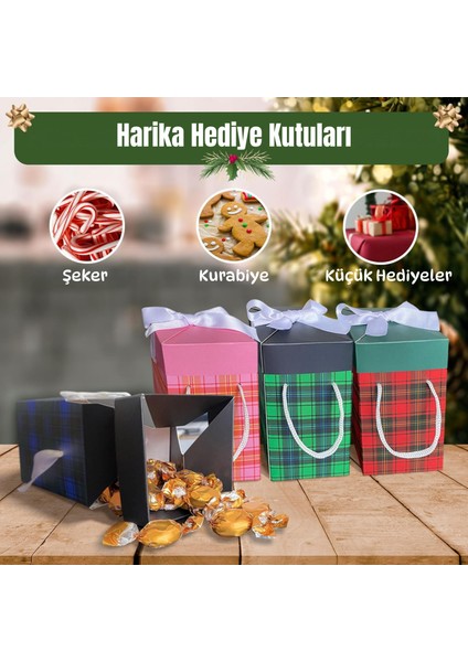 , Ekose desenli Yılbaşı Hediye Kutusu 4lü Set 9X9X15 cm Özel Tasarım Hediye Kutusu