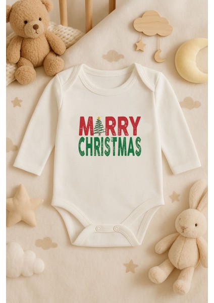 2026 Yeni Yıl Yılbaşı Noel Baskılı Pamuklu Uzun Kollu Çıtçıtlı Bebek Ekru Body Zıbın Atlet Tulum