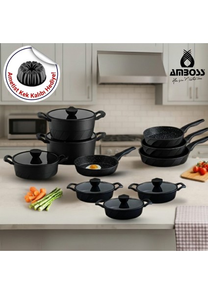 Vento 16 Parça Döküm Tencere Tava Sahan Seti (Siyah)